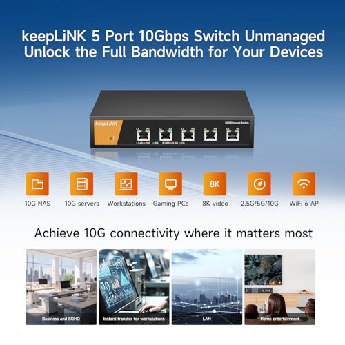 8 Port 10G Ethernet Switch Unmanaged, 8X 10G Rj45 Ports Support 10G/5G/2.5G/1000M/100M Auto-Negotiation, 160Gbps Switching Capacity, Desketop Or Rackmountable Plug And Play Network Switch