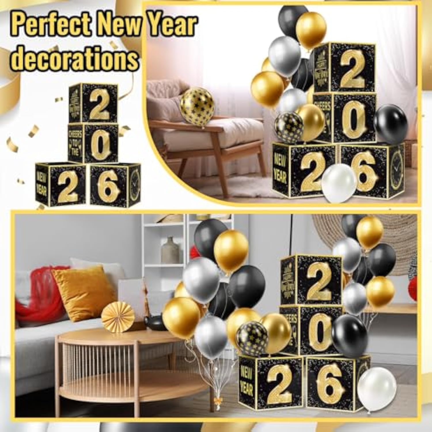 2026 Gold Black Balloon Box Kit New Year Eve Party Decorations