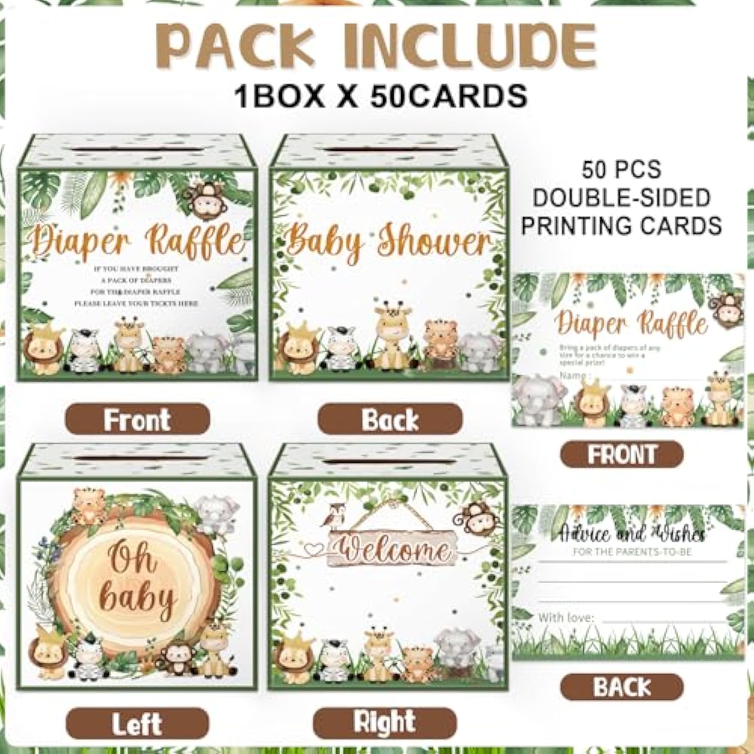 51 Pcs Safari Diaper Raffle Box With Tickets Baby Shower Decorations For Boy, Jungle Diaper Raffle Cards Box Baby Shower Decorations Games Kit