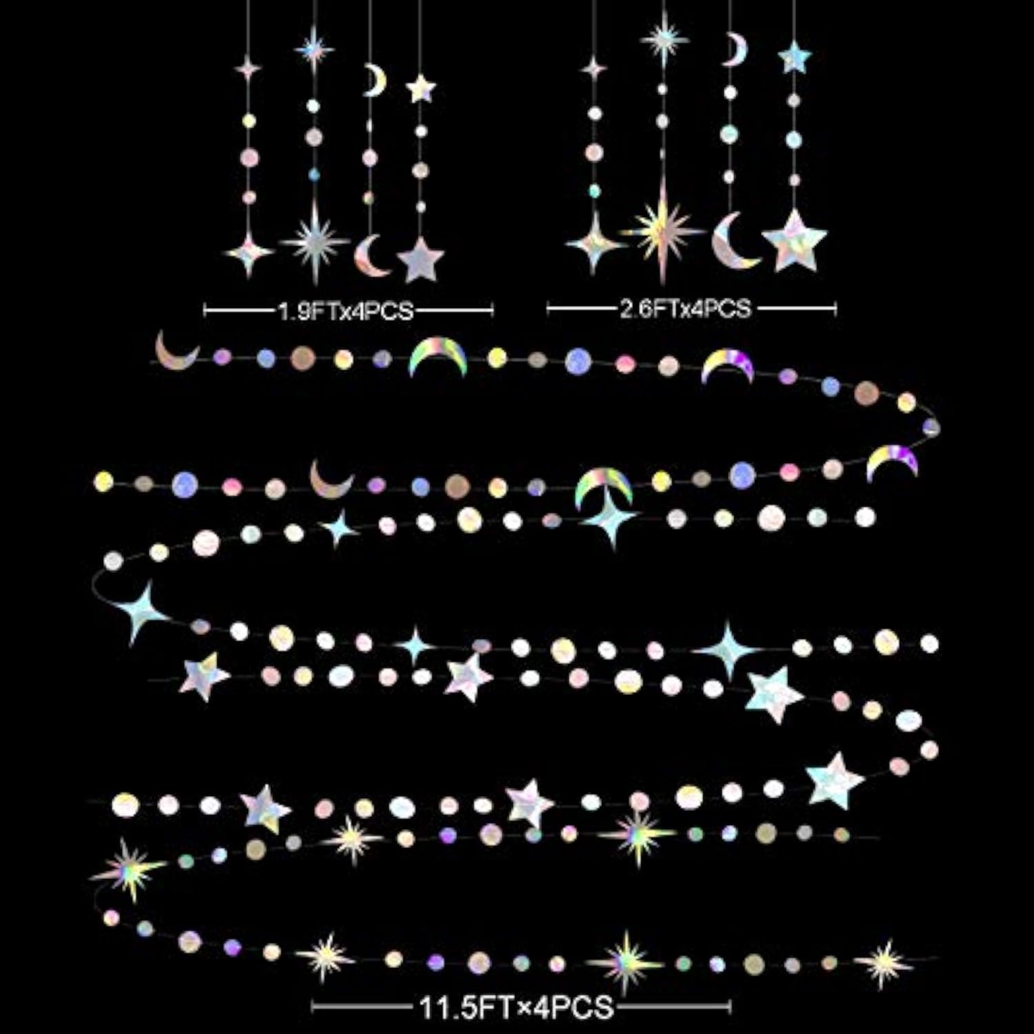 Iridescent Star & Moon Garland – Hanging Decoration for Birthday, Baby Shower, Eid and More