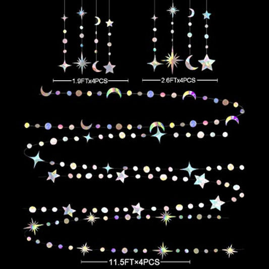Iridescent Star Moon Circle Dot Garland Party Decoration Kit Hanging Crescent And Twinkle Little Star Streamer Bunting Banner For Kids First Birthday Ramadan Eid Mubarak Baby Shower Wedding Decor