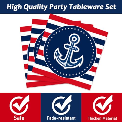 96 Pcs Nautical Anchor Party Plates Napkins Tableware Set Anchor Theme Supplies Disposable Dinnerware Sailor Boat Ship Decoration Favors for Navy Baby Shower Birthday, 24 Guests