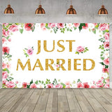 Just Married Wedding Backdrop,Wedding Party Banner with 70.8 X43.3 inch, Floral Bridal Shower Backdrop Banner Sign for Bridal Shower Wedding Engagement Party Decorations Photography Background