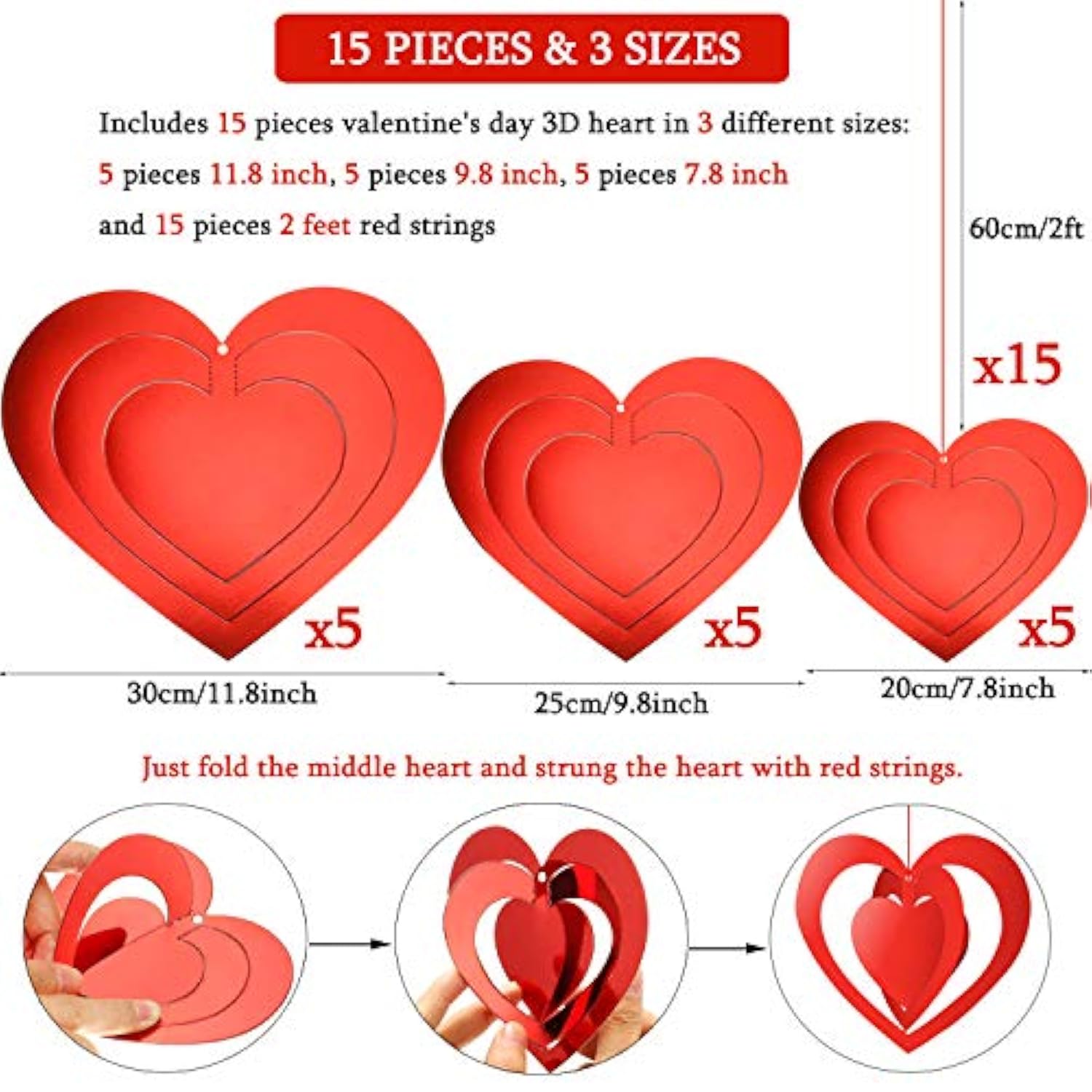 15 Pieces Valentine'S Day 3D Heart Hanging Decorations Red Hearts Hanging Ornaments With Red Ribbons Party Supplies For Indoor Outdoor Bridal Shower Anniversary Wedding Party Decorations
