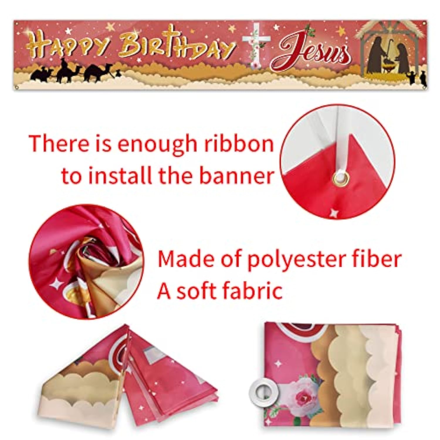 Red Happy Birthday Jesus Banner,Large Jesus’S Birthday Lawn Sign Yard Sign,Christian Winter Merry Christmas Party Decorations Supplies,Happy Bday Jesus God Party Decor 9.8X1.6 Ft