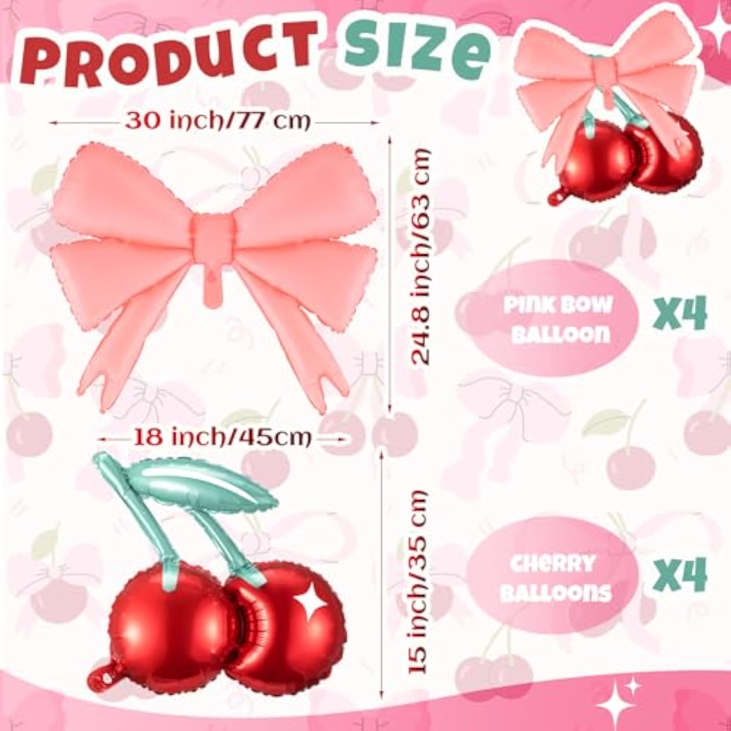 8 Pcs Cherry On Top Party Decorations 20 Inch Cherry Balloons 30 Inch Pink Big Bow Balloons For Birthday Baby Shower Wedding Theme Party Supplies