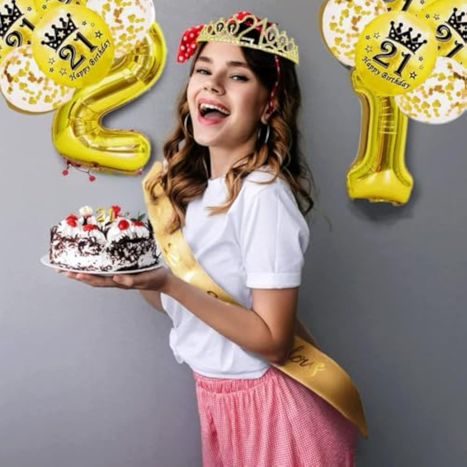 Girls 21St Birthday Decorations Set, Include Crown And Sash, Cake Topper And Candles, Gold Balloons, Party Supplies