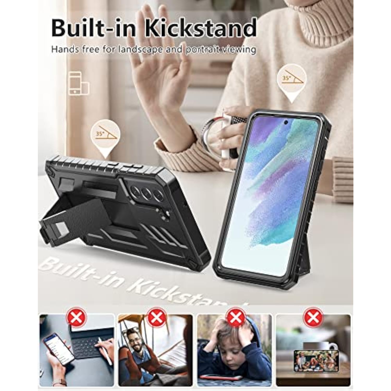 For Samsung Galaxy S21-Fe Protective Case: Dual-Layer Military Grade Drop Proof Full Protection Cover With Kickstand | Durable Rugged Shockproof Tpu Matte Textured Tough Phone Bumper Shell (Black)