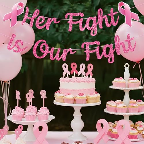 Breast Cancer Awareness Banner Her Fight is Our Fight Pink Glitter Party Decorations Cancer Free Celebration