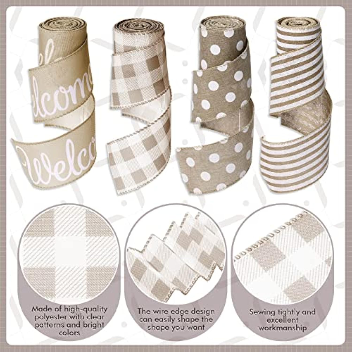 Farmhouse Ribbon 4 Rolls Welcome Stripe Dot Buffalo Plaid Ribbon Wired