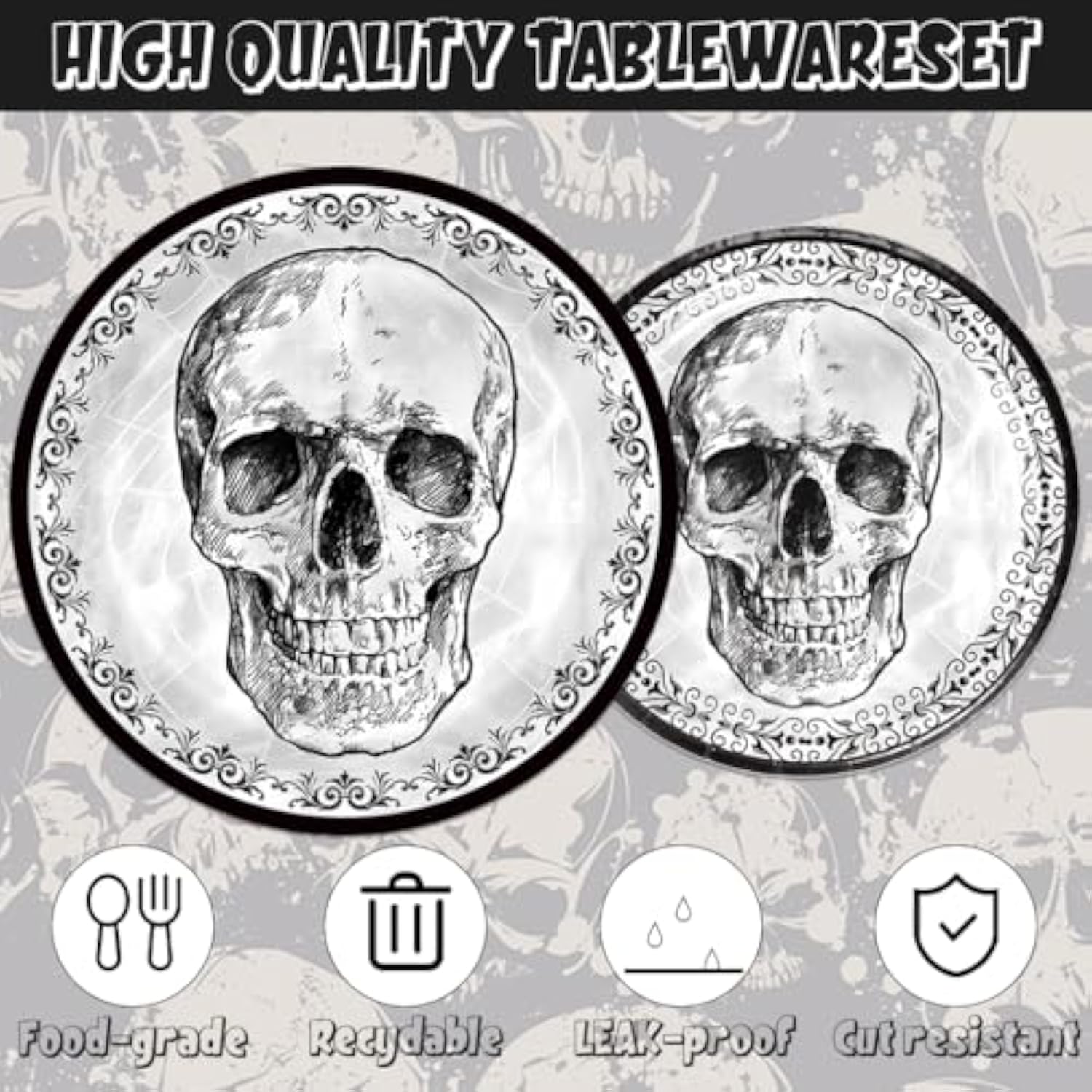 140Pcs Halloween Black Skull Birthday Party Decorations For 20 Guests - Disposable Tableware Skull Party Supplies Plates And Napkins Forks Cups Straws Baby Shower Halloween Birthday Decorations