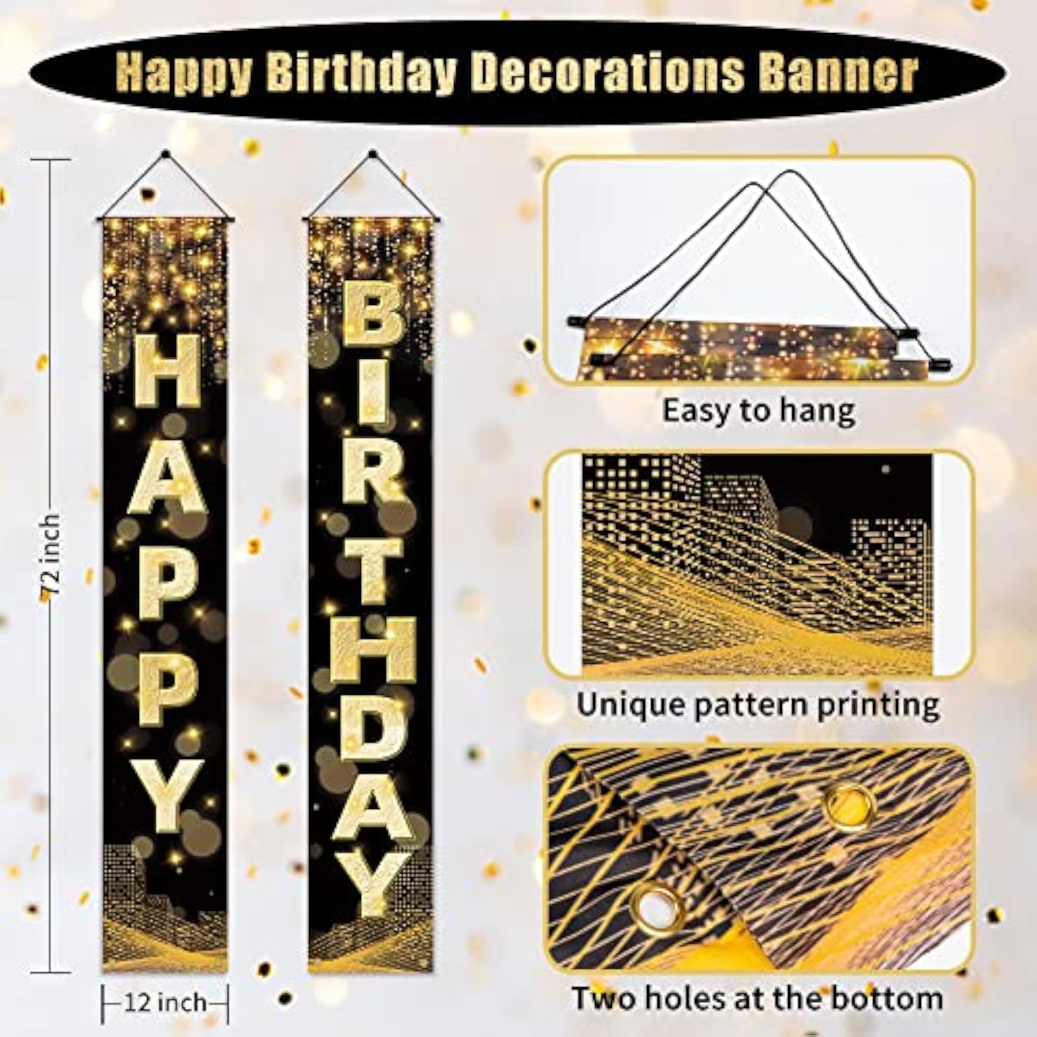 Happy Birthday Decorations Banner For Men, Women, Boys & Girls - Black & Gold Birthday Porch Sign & Party Supplies Background - 72 X 12 Inch
