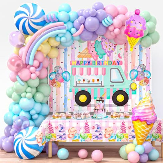 Ice Cream Party Decorations Birthday Supplies For Girls, Pastel Ice Cream Balloons Garland Arch Kit Backdrop Tablecloth Candy Long Strip Balloon, Two Sweet Ice Cream Birthday Party Decorations