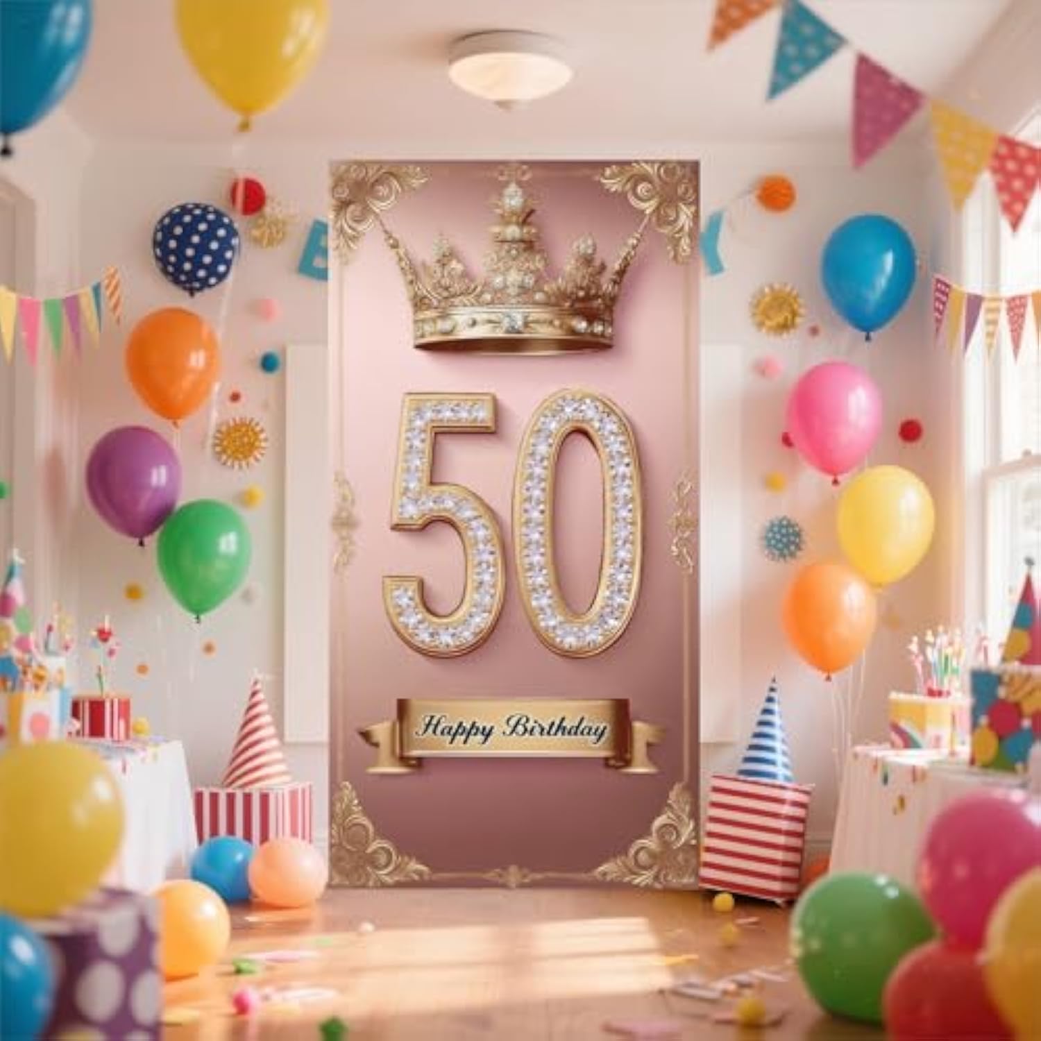 Happy 50St Birthday, Boys And Girls. Pink Rose Gold Crown Flag Background Decoration, Poster Background Photo, Booth Prop Decoration, Used For Birthday Parties, Wedding Anniversaries
