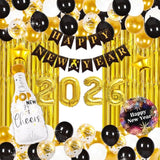 Happy New Year 2026 Party Set with Foil Balloons, Banner, and Backdrop