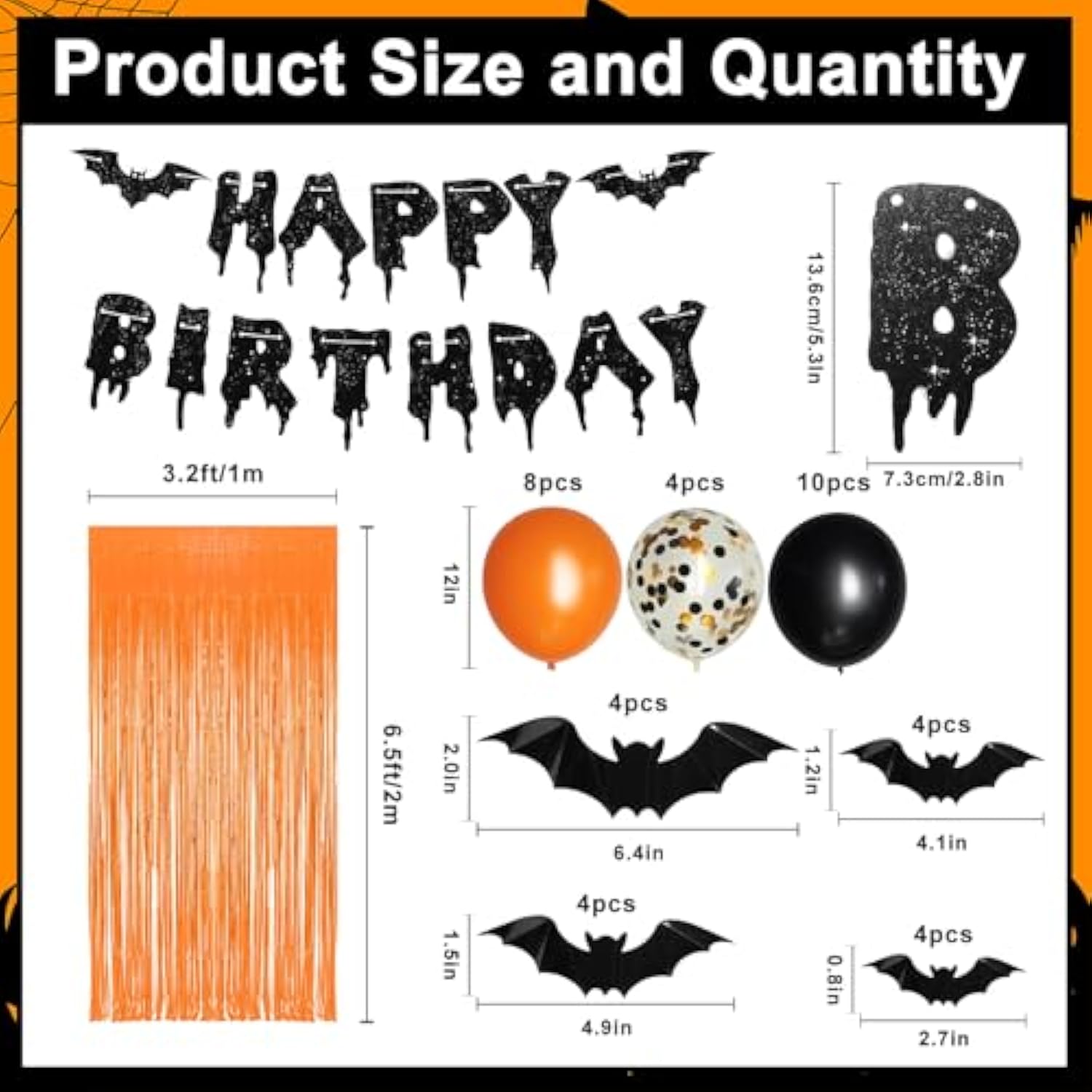 Halloween Birthday Party Decorations Glitter Banner Foil Curtain Black Orange Balloons Bat Stickers