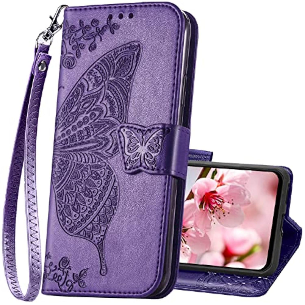 For Galaxy A14 5G Phone Case Wallet,Women Flip Folio Butterfly Embossed Pu Leather With Credit Card Holders Kickstand Wrist Strap Purse Cover For Samsung A14 5G 6.6 Inch (Purple)