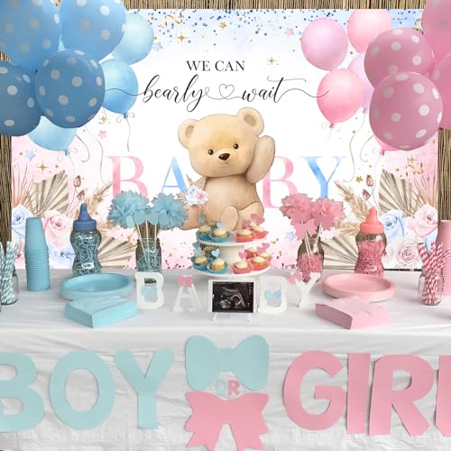 Boho Bear Gender Reveal Backdrop Banner Boho Floral We Can Bearly Wait Gender Reveal Decorations Pampas Grass He or She Baby Shower Party Decor (6x3.6ft)