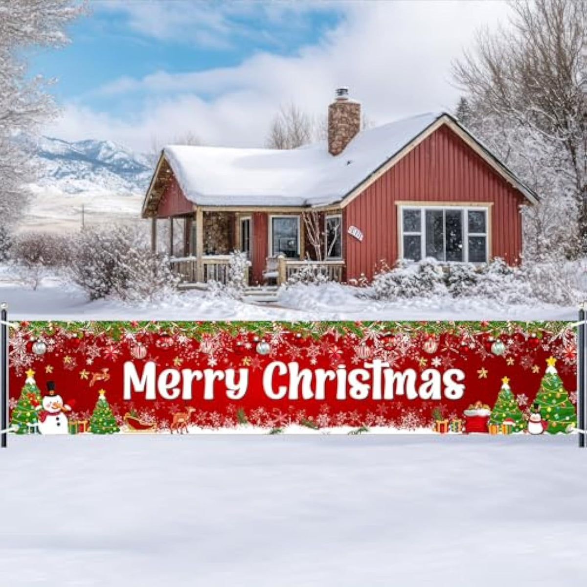 Merry Christmas Banner 8X2 Ft Large Christmas Banner For Outside Red Holiday Xmas Backdrop Yard Decorations