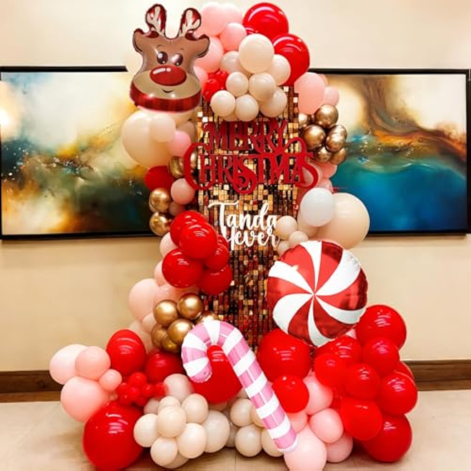 Pink Christmas Balloon Arch Red White Reindeer Candy Cane Party Decorations