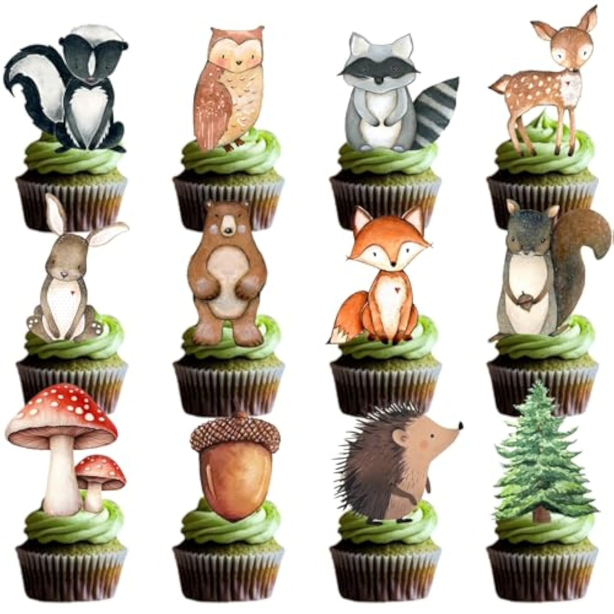 48 Woodland Cupcake Topper, Forest Animal Cupcake Toppers For Woodland Baby Shower Decorations, Neutral Forest Animals Gender Reveal Party Supplies