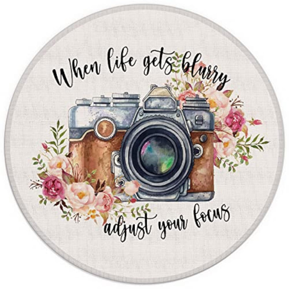 When Life Gets Blurry Adjust Your Focus Floral Camera Small Mouse Pad 7.9X7.9 Inches,Washable Round Cloth Mousepad For Office Laptop Computer,Non-Slip Rubber Base Mouse Pads For Wireless Mouse