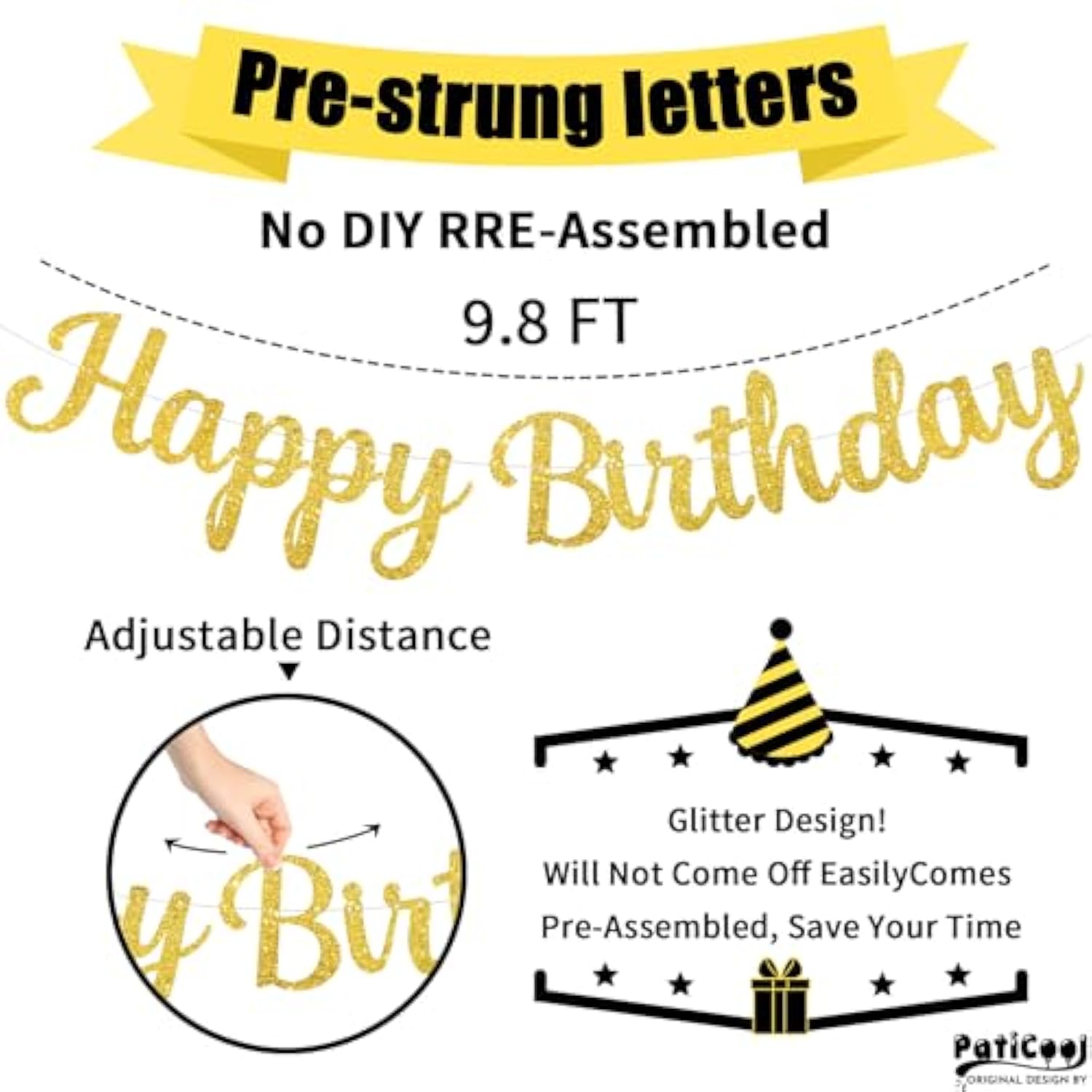 Gold Happy Birthday Banner, Pre-Strung Glitter Gold Birthday Sign, 10 Feet, No Diy, Happy Birthday Garland For Women Men Birthday Party Decorations Supplies