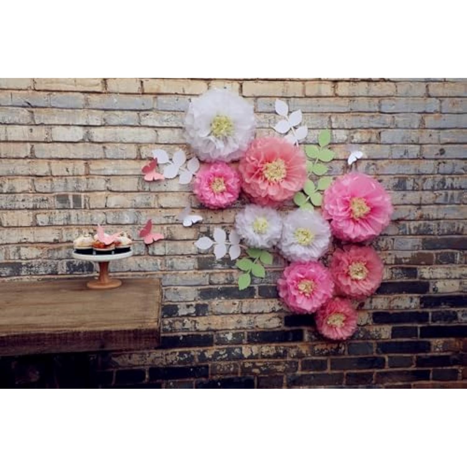 Tissue Paper Chrysanth Flowers With Butterfly And Olive Leaves For Wedding Baby Shower Nursery Room Parties & Events Decorations Pom Poms (White Light Pink Pink)