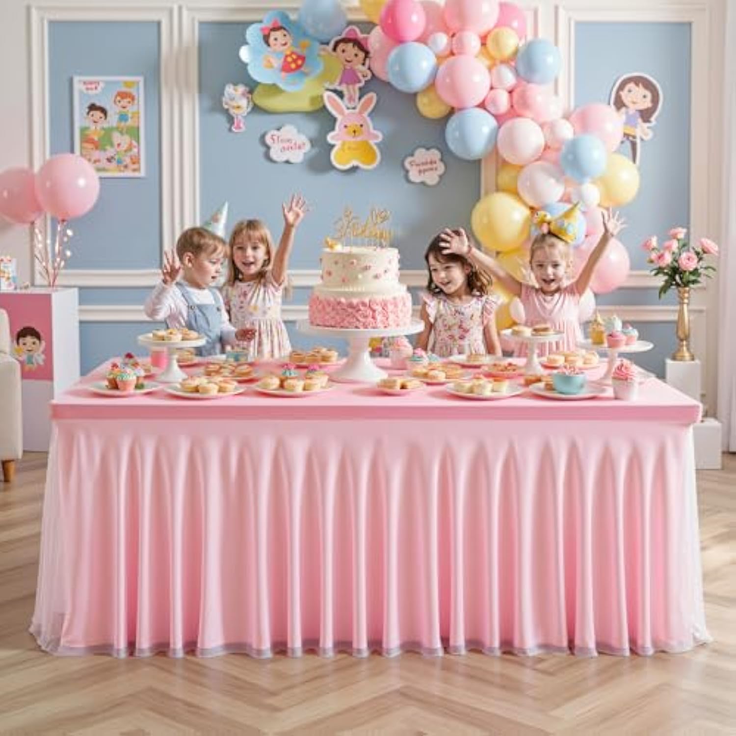 Pink Tablecloths 6 Foot Rectangle Tables, Spandex Fitted Tablecloth Stretch Table Cover With Tulle Skirt For Baby Shower Birthday Party Wedding Banquet Dessert Table Decorations