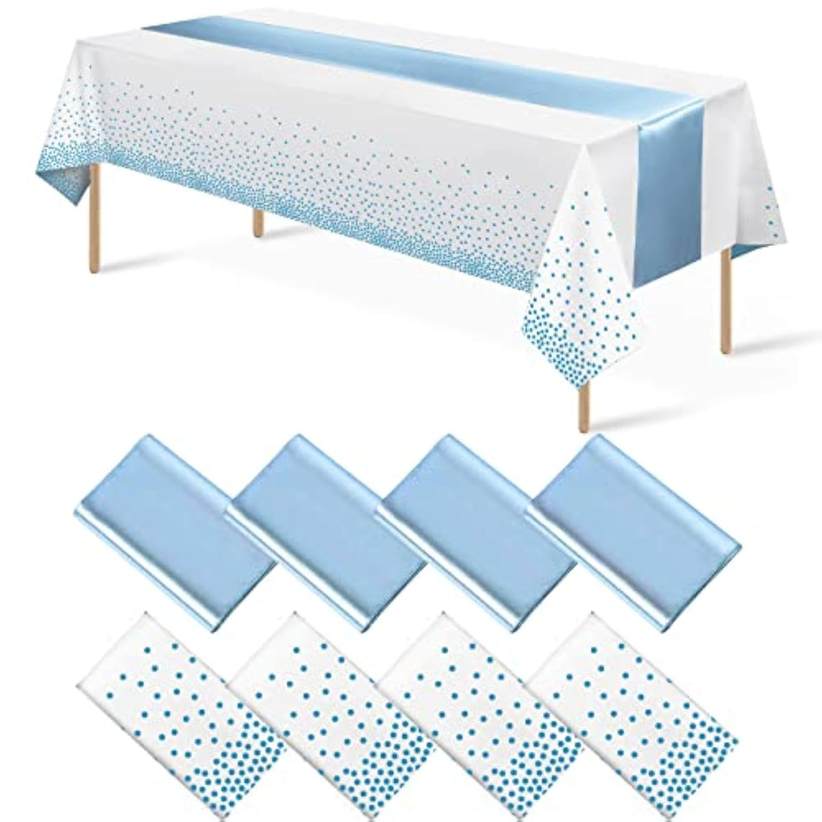 8 Pack Light Blue Dot Tablecloth & Satin Runner Set for Parties  Evens