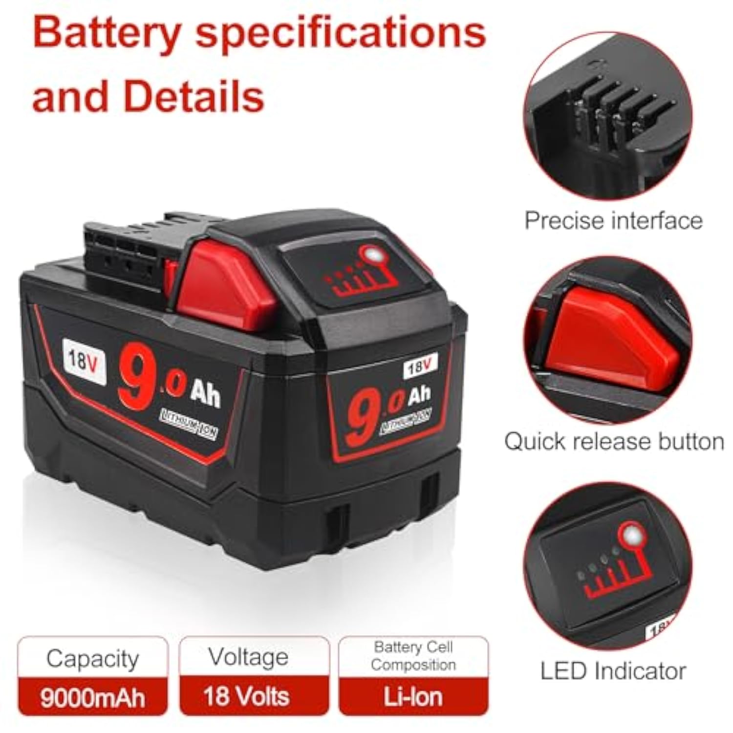 9Ah 18V Replacement Battery Compatible With Milwaukee M18 Xc 48-11-1840 48-11-1860 Cordless Power Tools Lithium Batteries