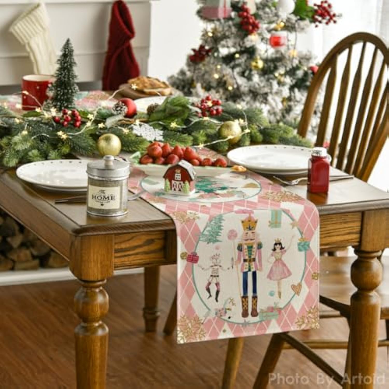 Pink Diamond Plaid Nutcracker Snowflake Christmas Table Runner, Seasonal Winter Kitchen Dining Table Decoration For Home Party Decor 13X72 Inch