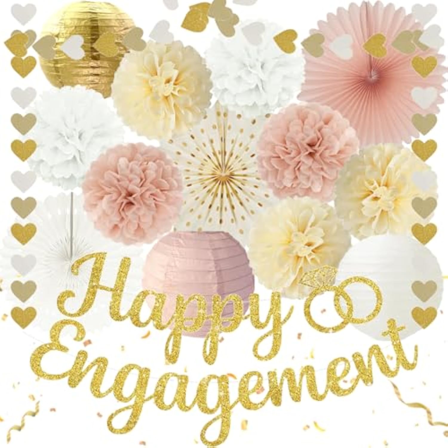 Champagne Gold Engagement Party Decorations - Engagement Banner, Heart Party Garlands, Tissue Paper Pom Poms, Fans And Lanterns Kit For Congratulations, Boho Engaged Decorations