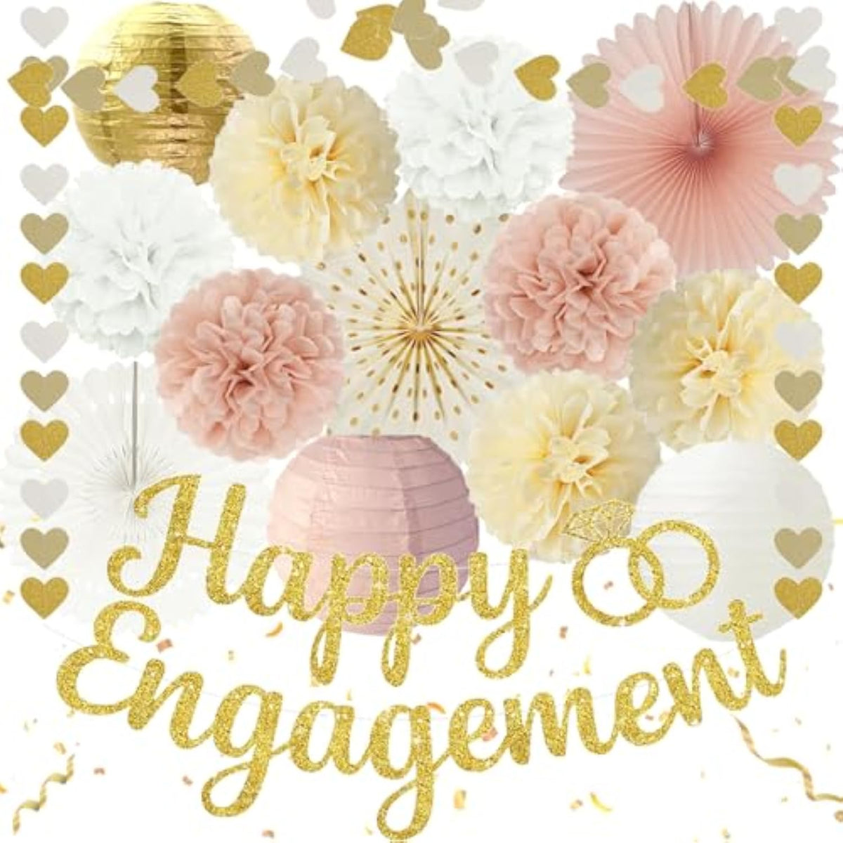 Champagne Gold Engagement Party Decorations - Engagement Banner, Heart Party Garlands, Tissue Paper Pom Poms, Fans And Lanterns Kit For Congratulations, Boho Engaged Decorations