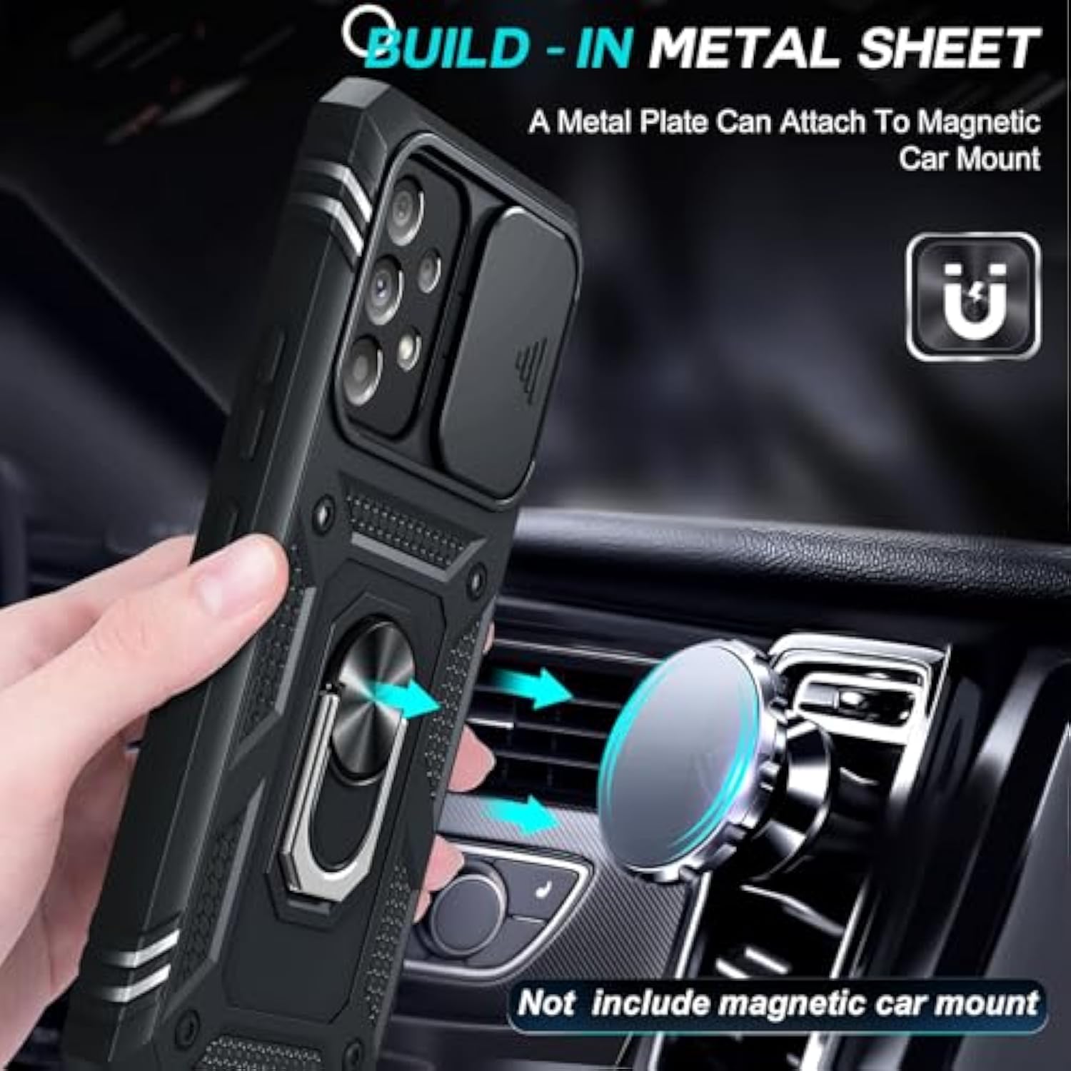 Compatible For Samsung Galaxy A53 5G Case With Slide Camera Cover + (2 Packs) Tempered Glass Screen Protector, 360 Full Body -Grade Phone Case With Kickstand, Black