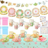 194 Pcs Tea Floral Party Supplies Include 9 Oz Paper Tea Cups With Handle, 6 Paper Plates Napkins Banner, Plastic Tablecloth Forks, 48 Guests Disposable Floral Tableware Set For Wedding