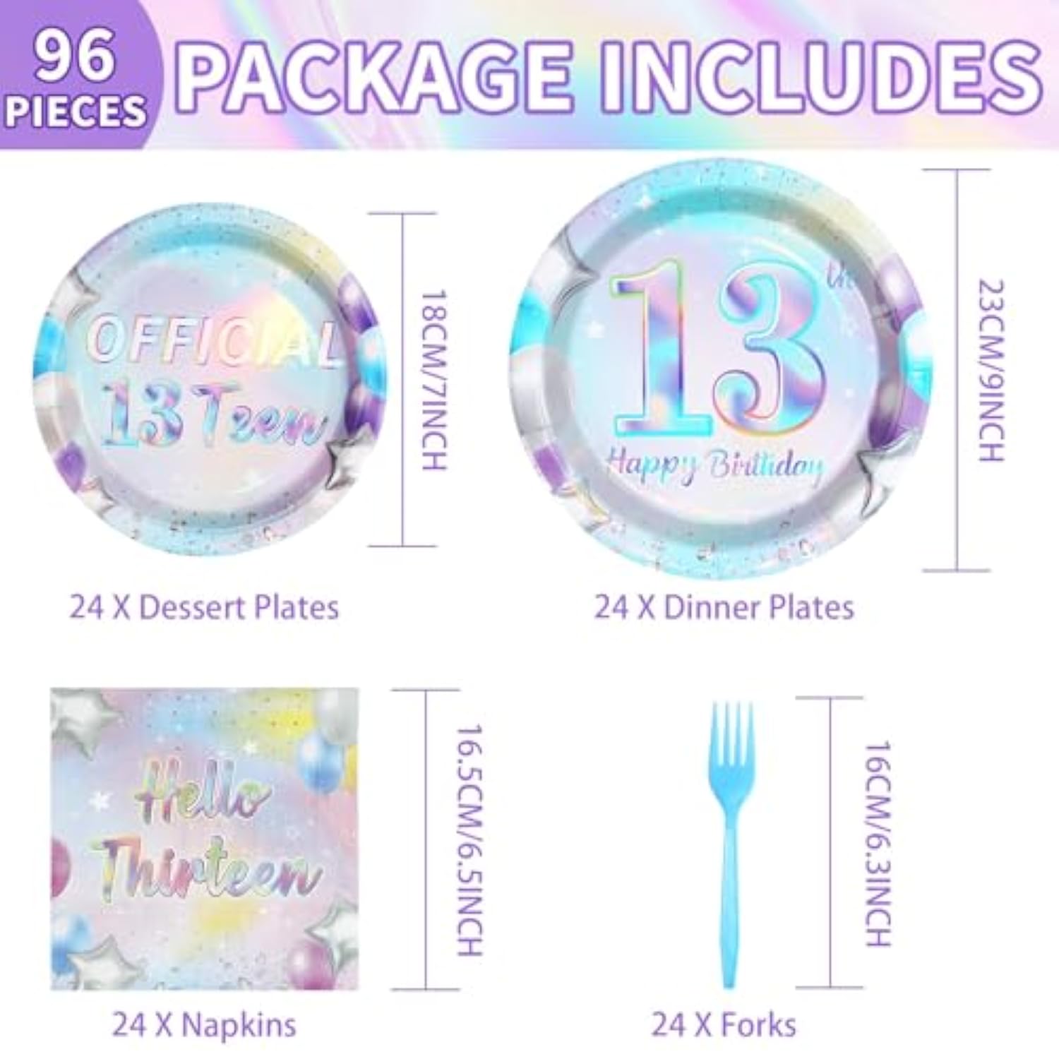96Pcs 13Th Birthday Decorations Iridescent 13Th Party Plates And Napkins Disposable 350Gsm Official Teen Birthday Tableware Set For Teen Girls Happy 13 Year Old Party Supplies, Serves 24
