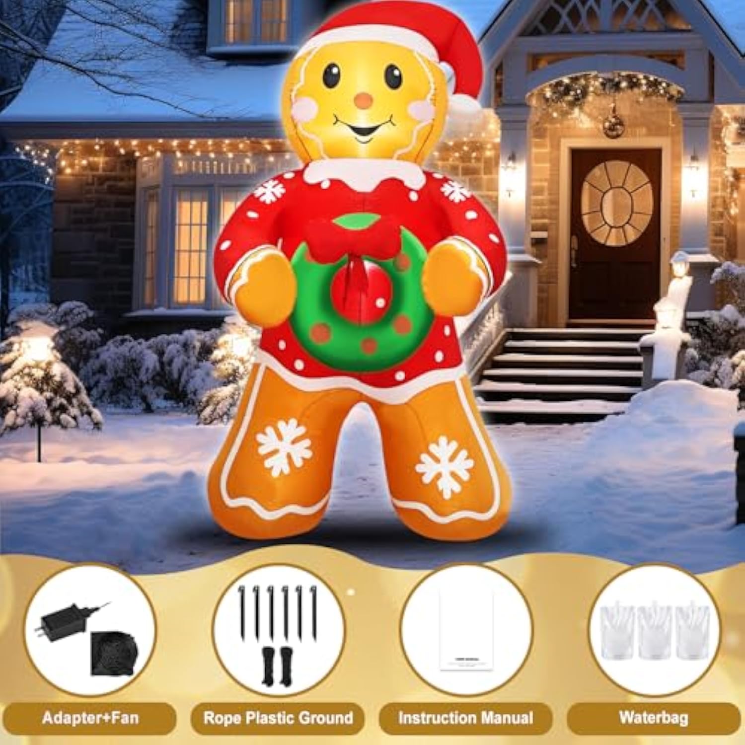 Christmas Gingerbread Man Inflatable Decoration 5.6 Ft Outdoor Holiday Yard Decor With Santa Hat And Wreath, Perfect For