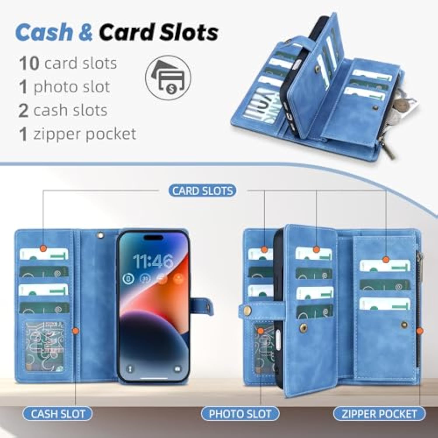 Leather Wallet Case for iPhone 17 Pro with 11 Card Holders, Sky Blue