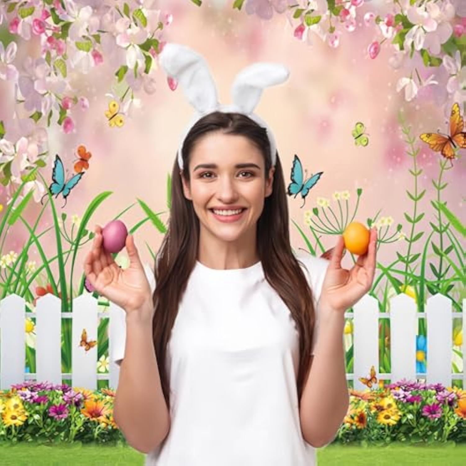 Spring Easter Garden Photography Backdrop Green Grass Lawn Floral Butterfly Fence Baby Shower Birthday Party Decorations Banner (5X7Ft)