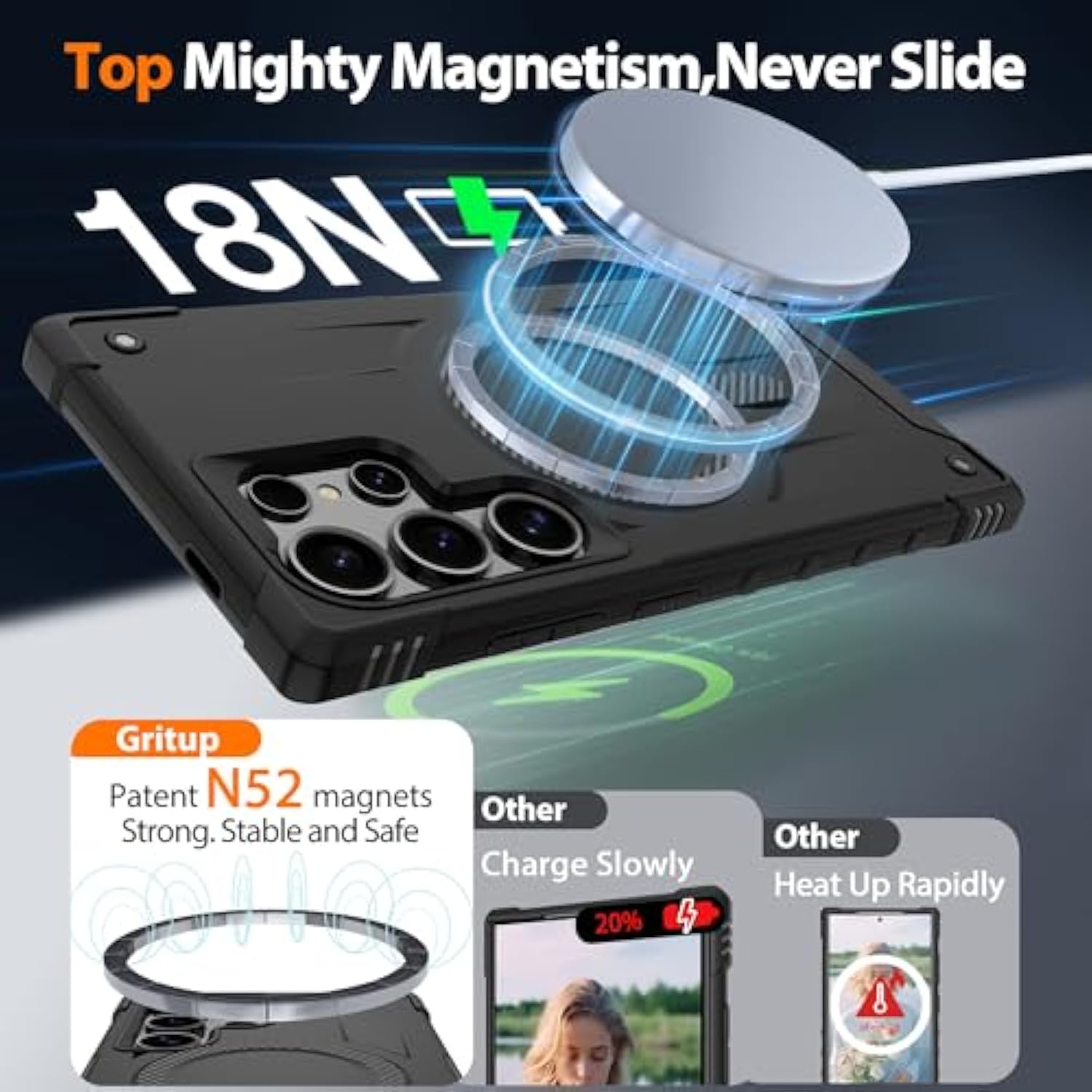 For Samsung Galaxy-S24-Ultra-Case With Magsafe, 2×Screen Protector, S24 Ultra Magnetic Phone Case Anti-Fingerprint Military Grade Shockproof Protective Cover For Galaxy S24 Ultra,Black