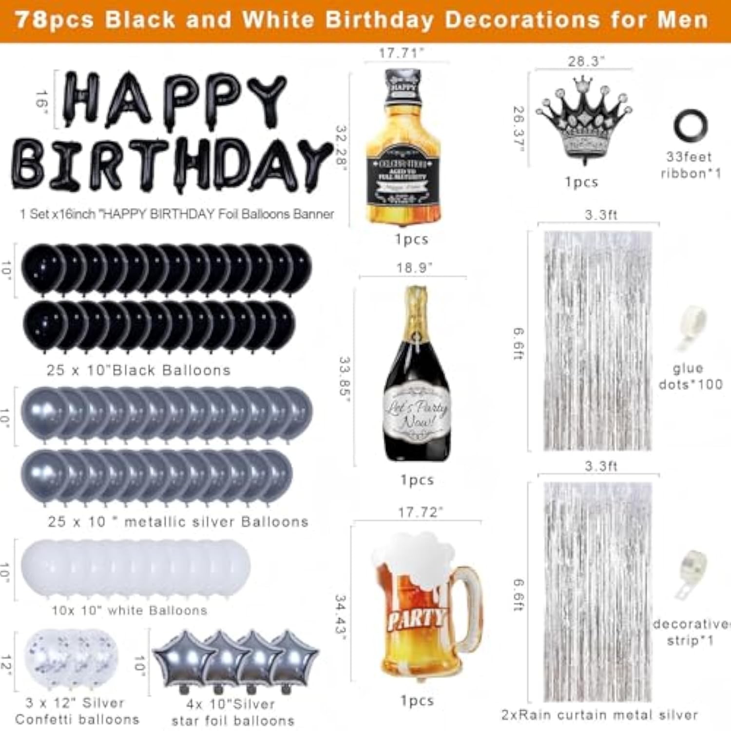 Black Happy Birthday Decorations For Men,Black Birthday Decorations With Banner, Fringe Curtains,Foil Balloons, Balloon Kits For 21St,25Th 27Th 30Th 35Th 40 50 60Th Birthday Decorations