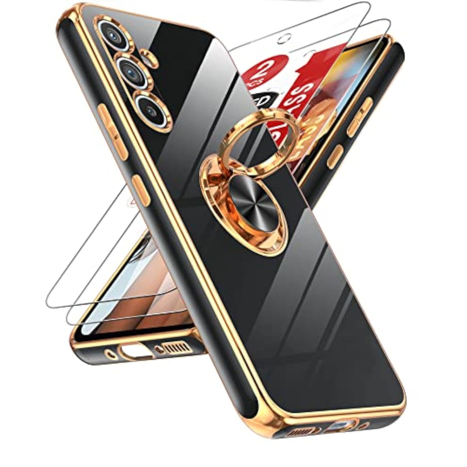For Galaxy A54-5G Phone Case: With Tempered Glass Screen Protector [2 Pack] 360° Rotatable Ring Holder Magnetic Kickstand, Plating Rose Gold Edge Cell Funda Para Samsung A 54 5G Case, Black