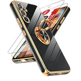 For Galaxy A54-5G Phone Case: With Tempered Glass Screen Protector [2 Pack] 360° Rotatable Ring Holder Magnetic Kickstand, Plating Rose Gold Edge Cell Funda Para Samsung A 54 5G Case, Black
