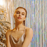 Christmas Party Foil Curtain 2 Pack 3.2x8ft Silver Tinsel Backdrop