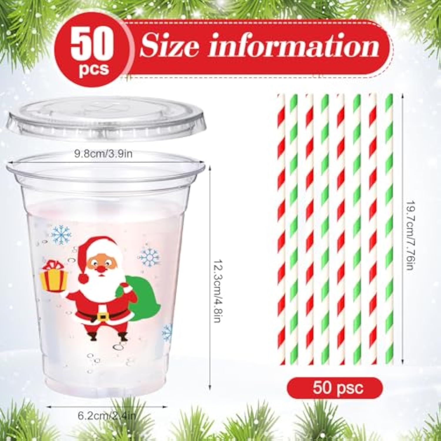 50 Sets Christmas Disposable Plastic Cups With Lids And Paper Straws 16 Oz Merry Christmas Clear Cold Beverage Drinking Cups For Xmas Holiday Party Supplies