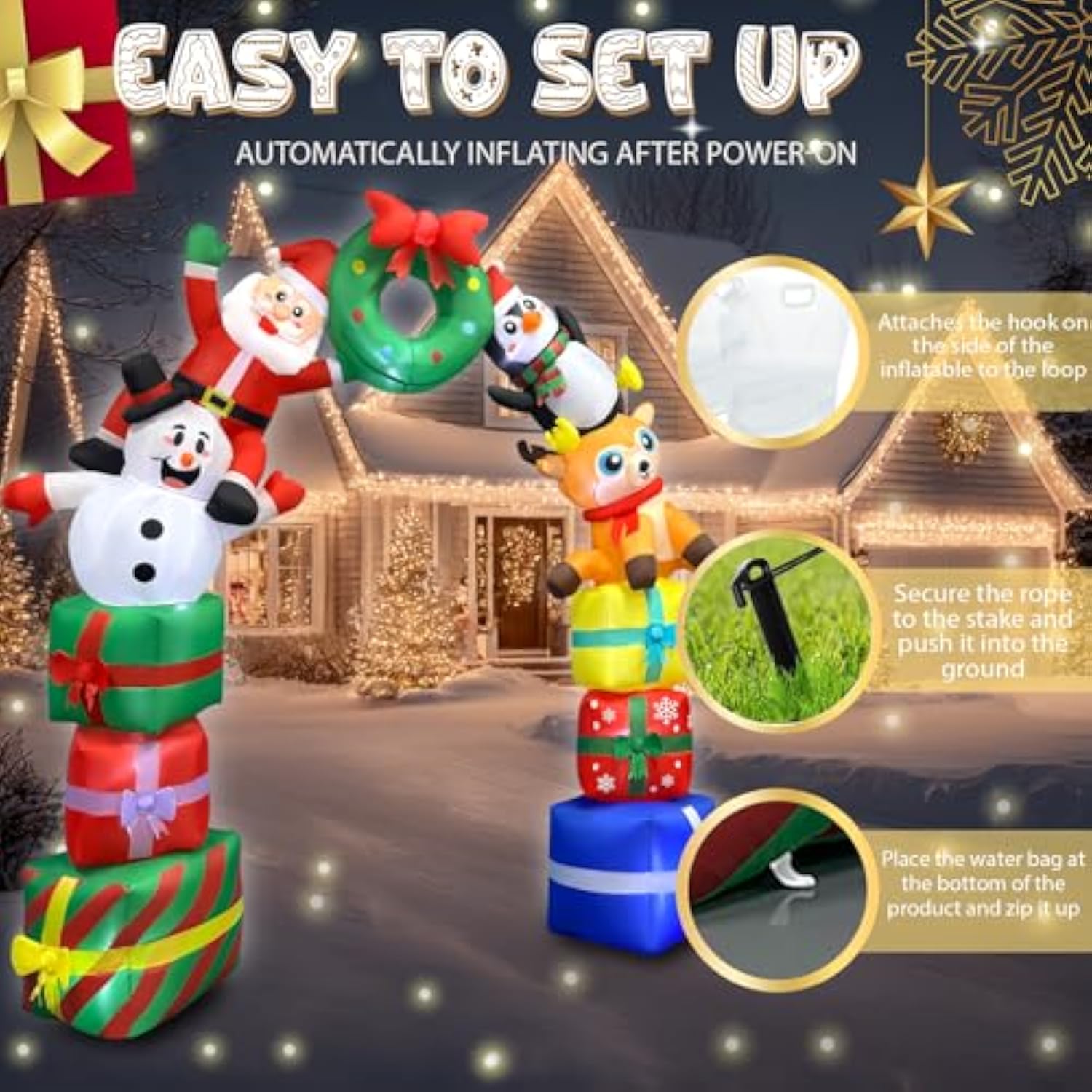 8Ft Christmas Inflatables Archway Outdoor Decorations, Santa Penguin Snowman Reindeer With Giftbags Built-In Led Lighted