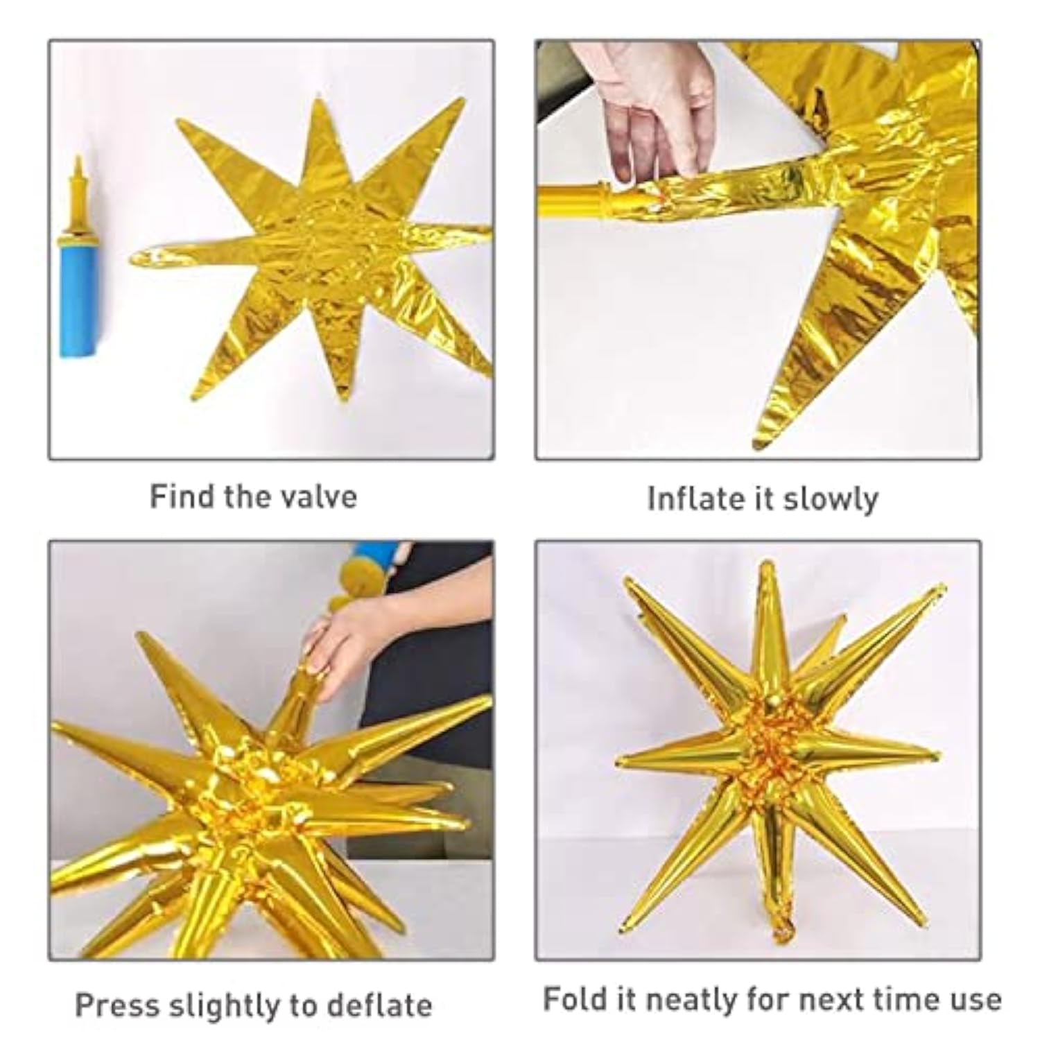6 Pcs 22-Inch Gold Starburst Foil Balloons 14-Pointed 4D Star Cone Decor