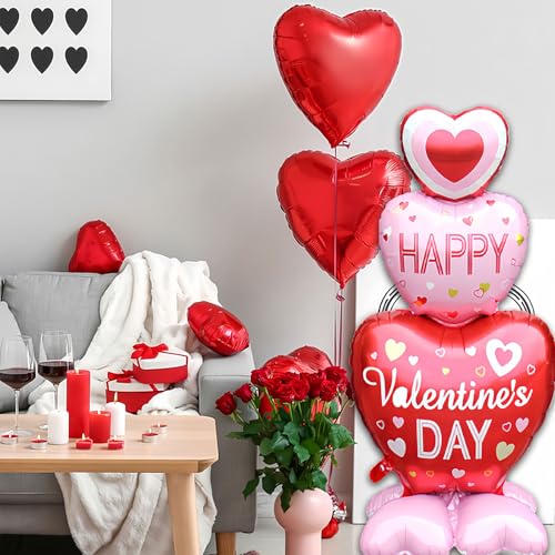 Valentines Day Balloons, Large Pink Red Hearts Love Standing Balloons for Valentines Party Decorations, 58In x 31In 3D Happy Valentine’s Day Foil Balloons Galentines Day Wedding Decor