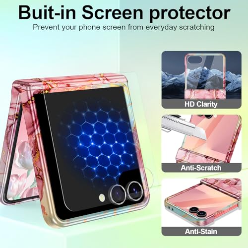 For Samsung Galaxy Z Flip 7 Case,Built In Front Screen Protector,Gold Glitter Marble Pattern Hard Pc Slim Shockproof Full Body Drop Protective Case For Galaxy Z Flip 7 5G (2025), Rose Gold